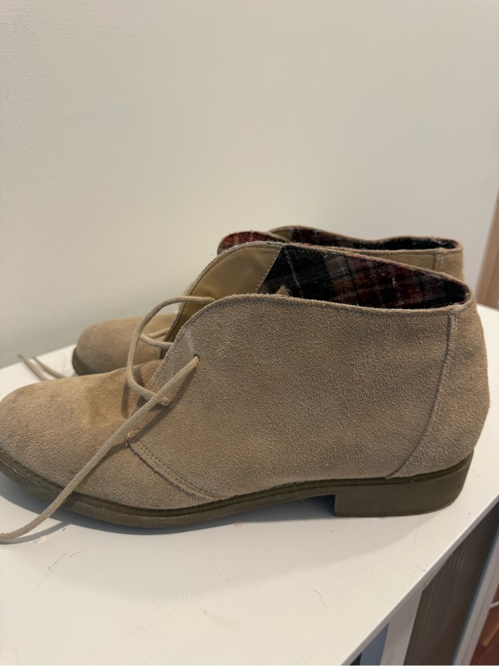 Eddie Bauer Tan Suede Boots with Burgundy Plaid Lining